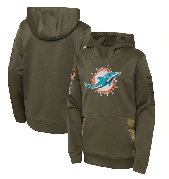 Youth Olive Miami Dolphins 2022 Salute to Service Therma Performance Pullover Hoodie